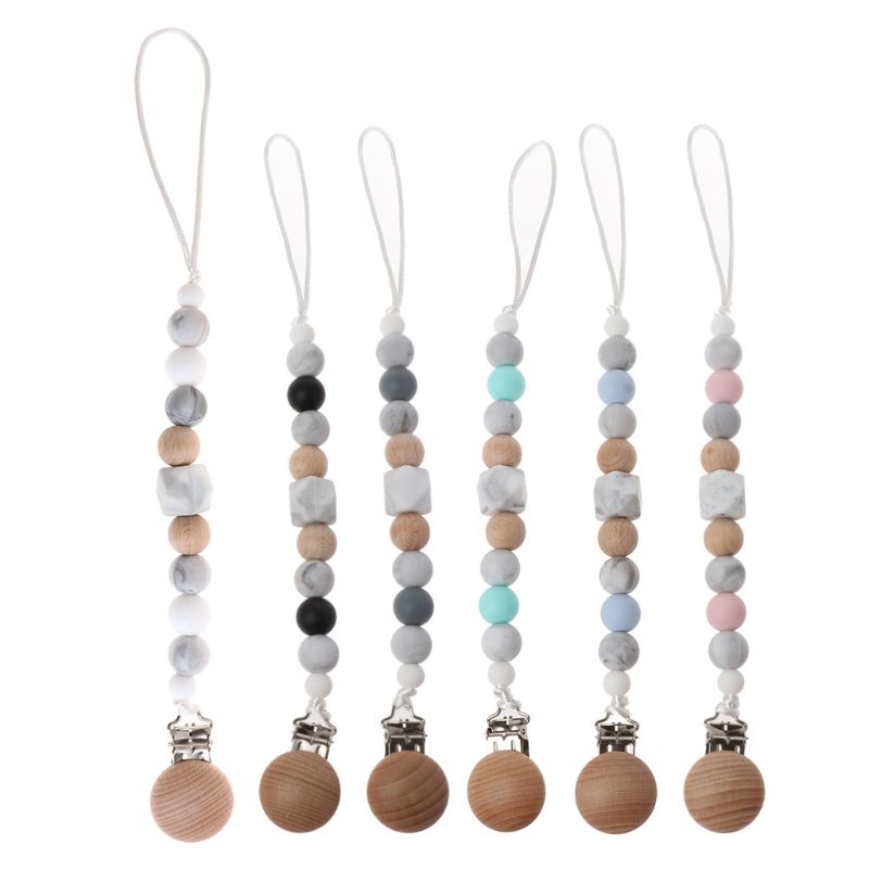 Baby Soother Clips Silicone and Beech Wood Pacifier Clips Chain Newborn Chew Toy