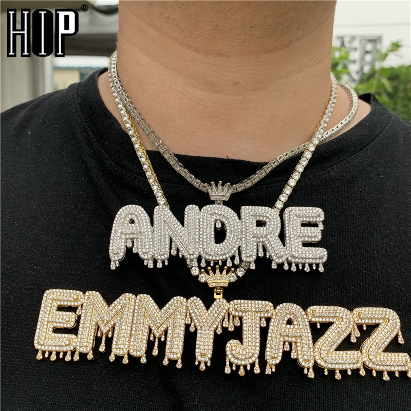 Hip Hop Custom Name Cubic Zircon Crown Drip Iced Out Bubble Letters Chain Pendants&Necklaces For Men Jewelry Cuban Tennis Ch