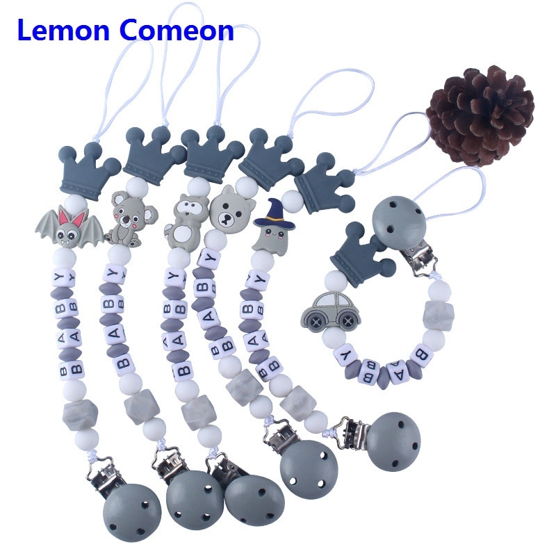 Gray Silicone Pacifier Clip Handmade Personalized Name Safe Teething Chain Holder For Infant Feeding Chew Toy Clips BPA Free