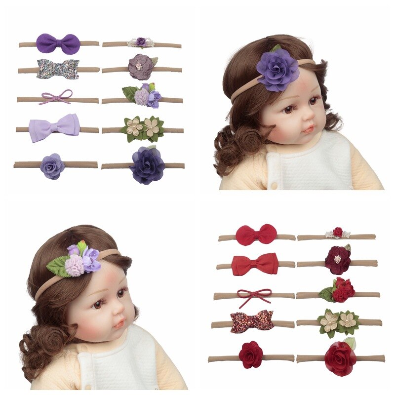Yundfly 10pcs/pack Fashion Newborn Chiffon Flower Headband Set Toddler Girls Glitter Bow Hairband Set Baby Hair Accessories
