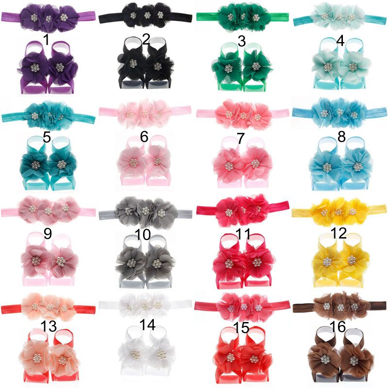 Yundfly Toddler Baby Girls Chiffon Pearl Flower Headband + Barefoot Sandals Children Foot Flower Gift