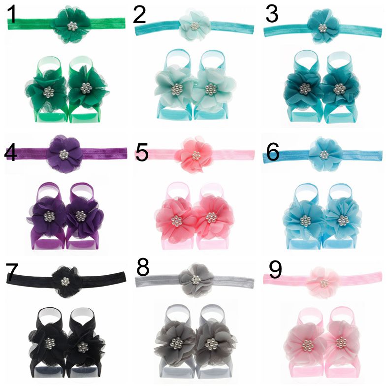 Yundfly Baby Girls Chiffon Pearl Flower Headband with Foot Flower Newborn Floral Barefoot Sandals Children Hair Accessories