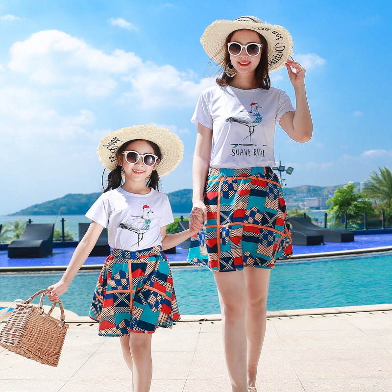 Summer Mother daughter t-shirt +skirt Father Son set Family Clothes plus size S--5XL Family Look