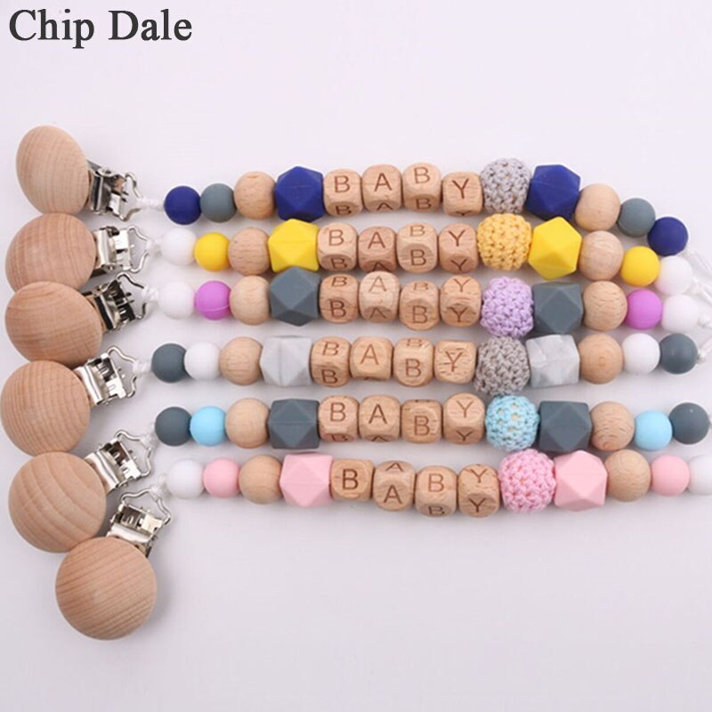 Chip Dale Custom Name Beech Wood Beads Dummy Clip Pacifier Chain Holder Natural Organic Crochet Bead Anti-drop Chain Baby Gifts