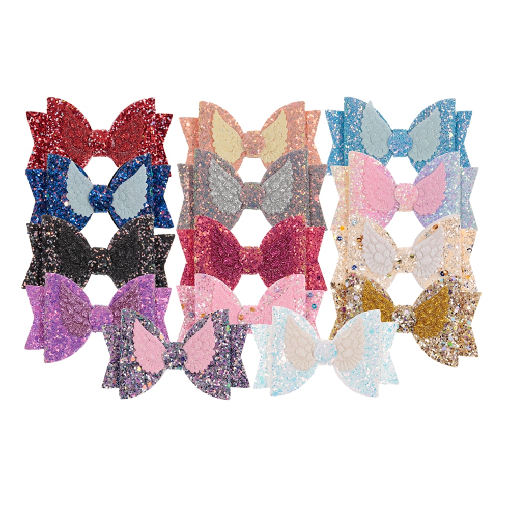 Cute 30PCS 3.6" Double Sequin Wing Leather Bows for Baby Girls Headbands Boutique Hair Bows for Hairpins Diy Hair Accessori