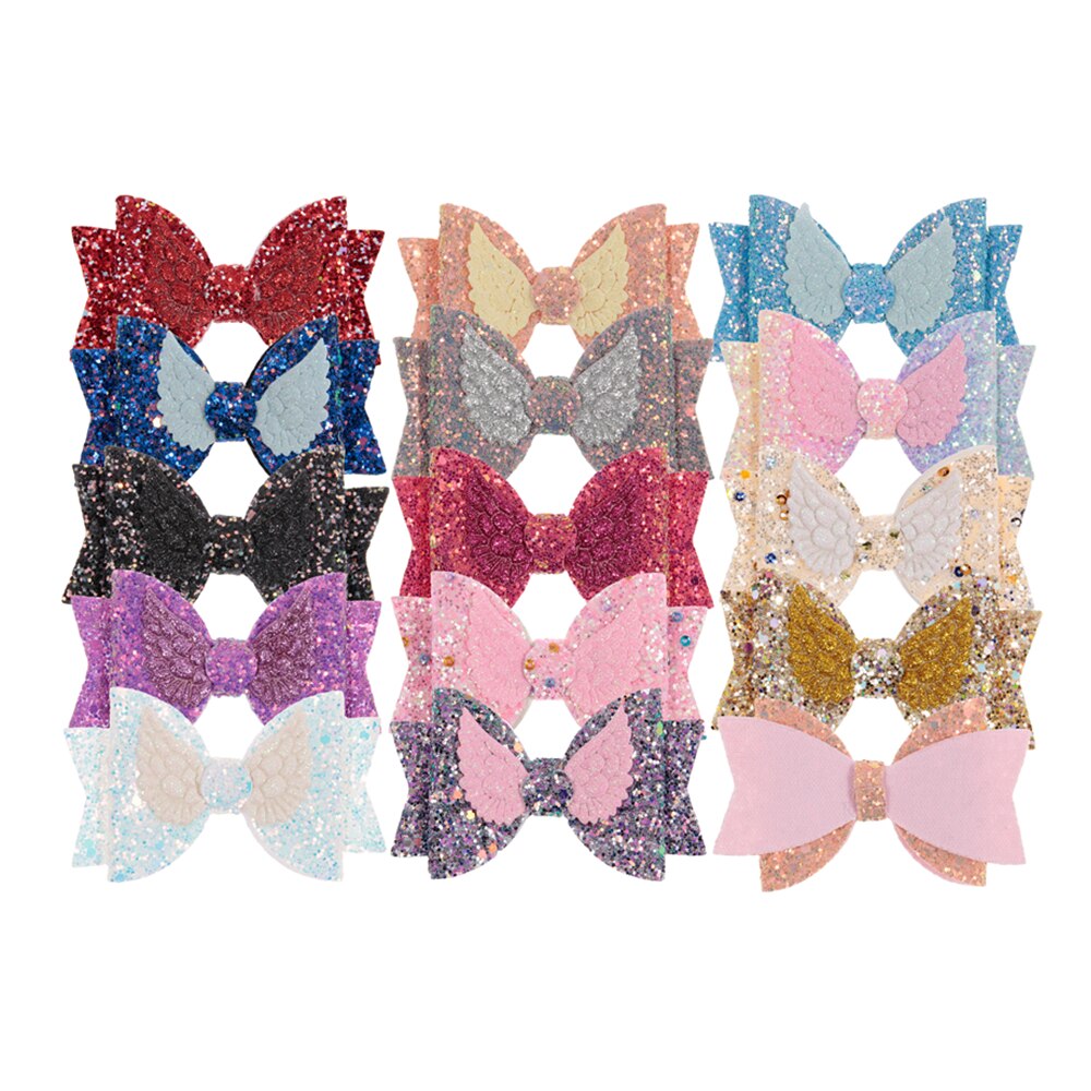 Cute 3pcs/lot 3.6" Double Sequin Wing Leather Bows for Baby Girls Headbands Boutique Hair Bows for Hairpins Diy Hair Access