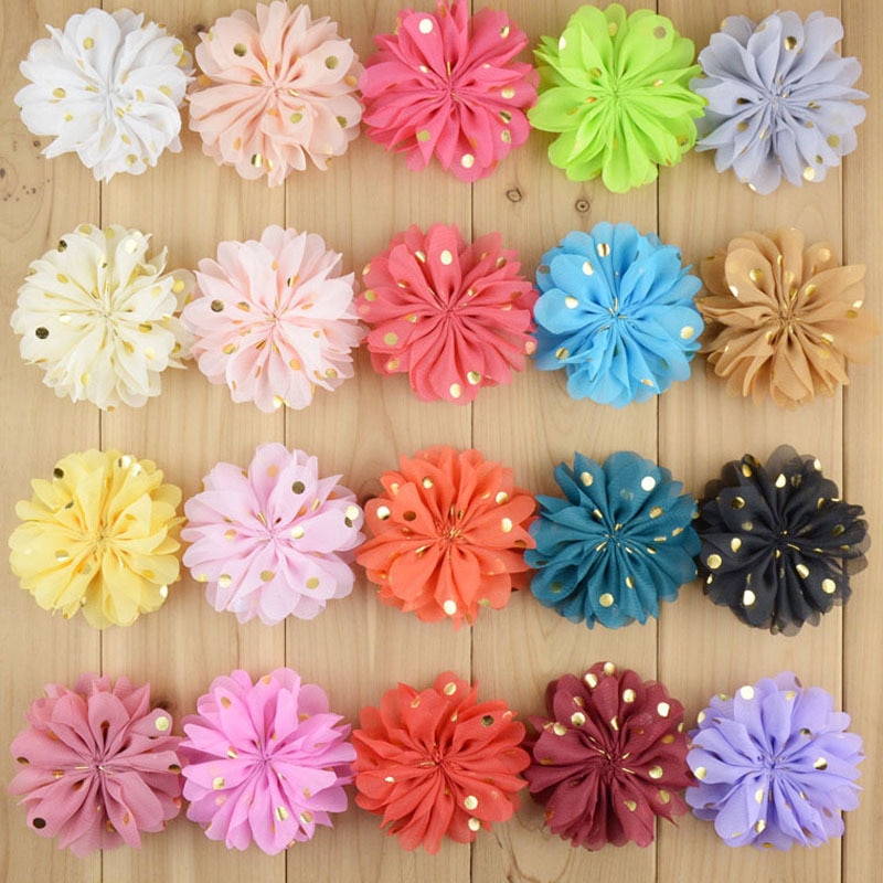 5pcs/lot 3.2" Chiffon Flower with Gold Dot Hair Flowers for Baby Girls DIY Headwear Headband Clips Head Flower Hair Accesso
