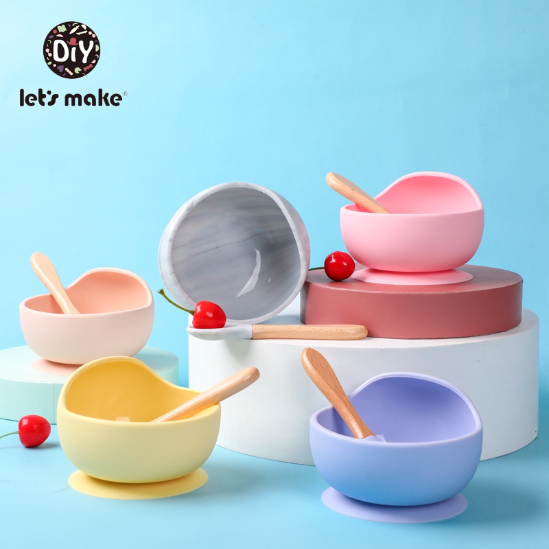 Let's Make Children's Dishes For Games Plate Spoon Silicone Soft Marble PVC Free Bamboo Dishes Tableware For Kids Baby