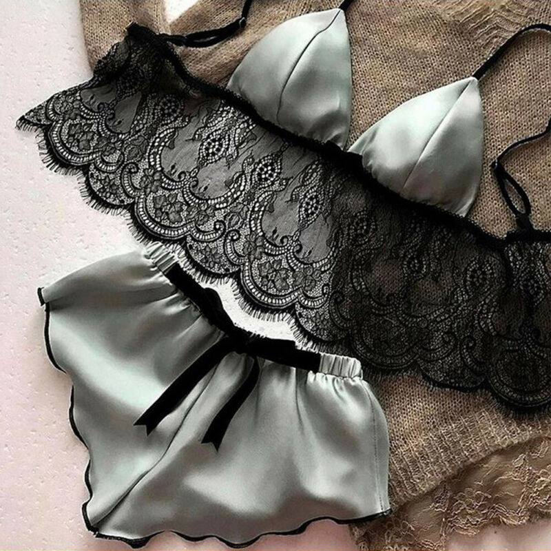Women's Underwear Sexy Silk Satin Lingerie Pajamas Crop Tops Bralette&Panty Sets Soft Wear for Girls Tops Briefs Lace S