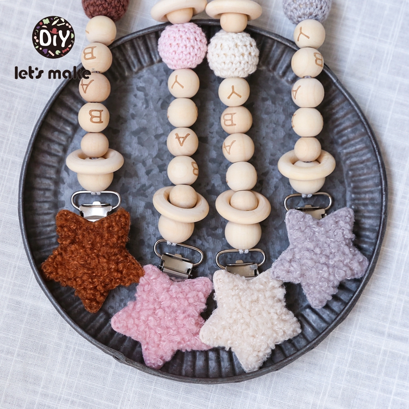 Let's Make Pacifier Chain Holder Baby Boomers 1PC Star Heart Lambswool Custom Name Wooden Crochet Beads Personalized Baby G