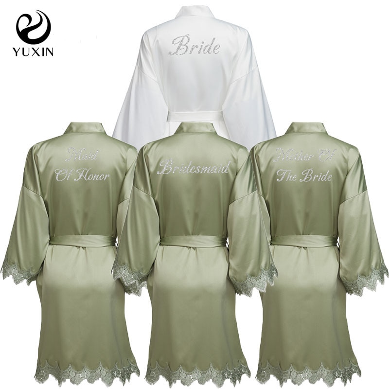 YUXINBRIDAL Green New Matt Satin Lace Robe with Trim Gown Bridal Wedding Bride Robes Bridesmaid Kimono Robe Bridal Robes