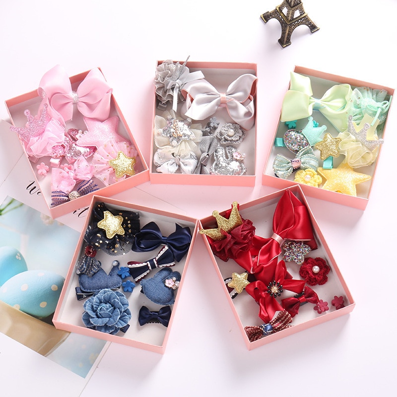 10 Pcs/Gift Box Hair Clips Set Children HairClip Band Cartoon Bows Crown Hair Clips Girls Cute Baby Girls Hairpins Accessories