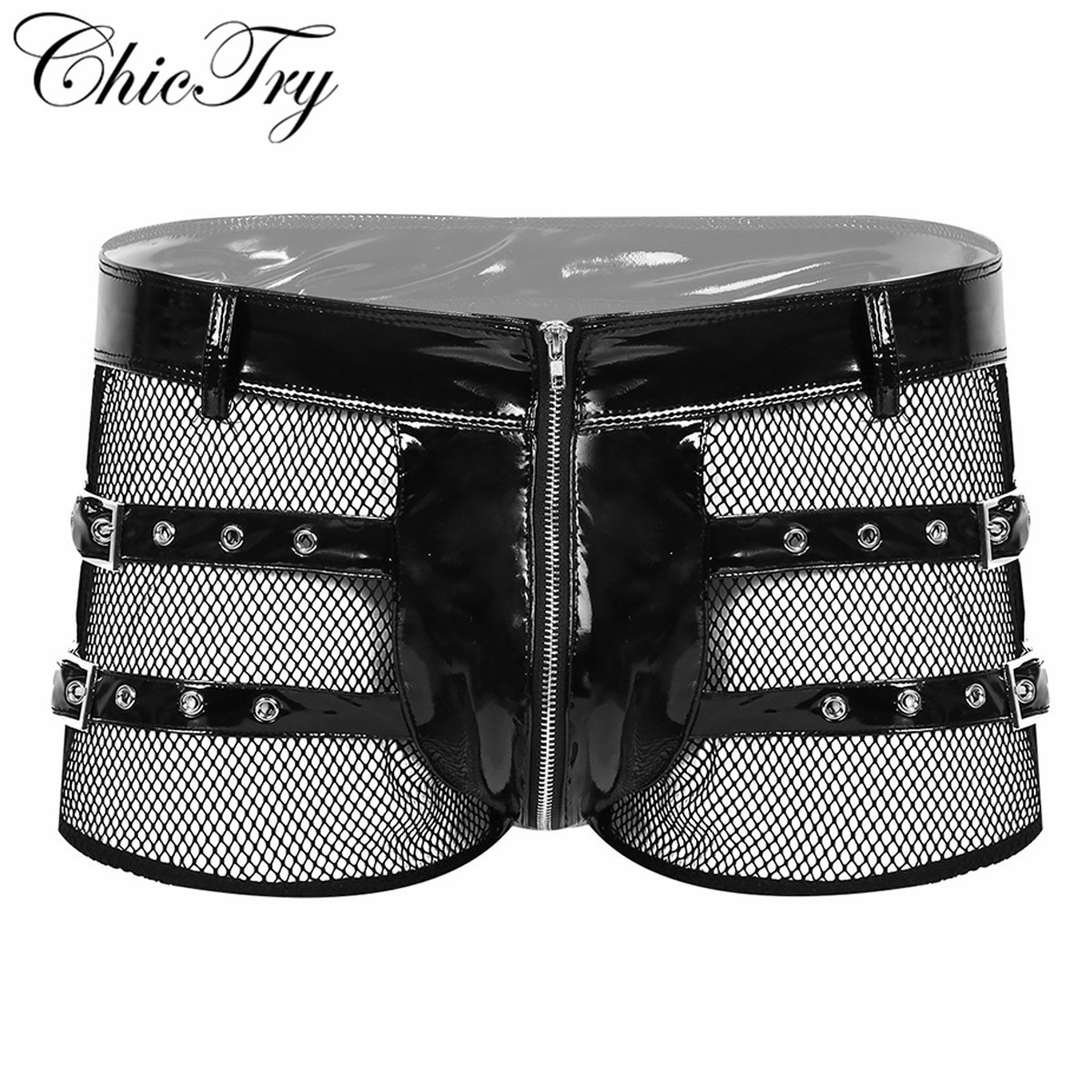 Fashion Male Mens Wet Look Patent Leather Lingerie Low Rose Fishnet Spliced Front Zip Up Boxer Shorts Underwear Clubwear Panties
