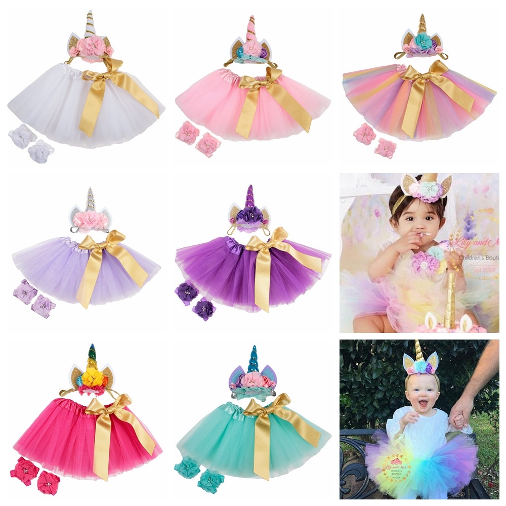 Cute Tutu Dress with Unicorn Horn Headband Barefoot Sandels Set for 0~3 Years Newborn Kids Birthday Gift Baby Photo Props