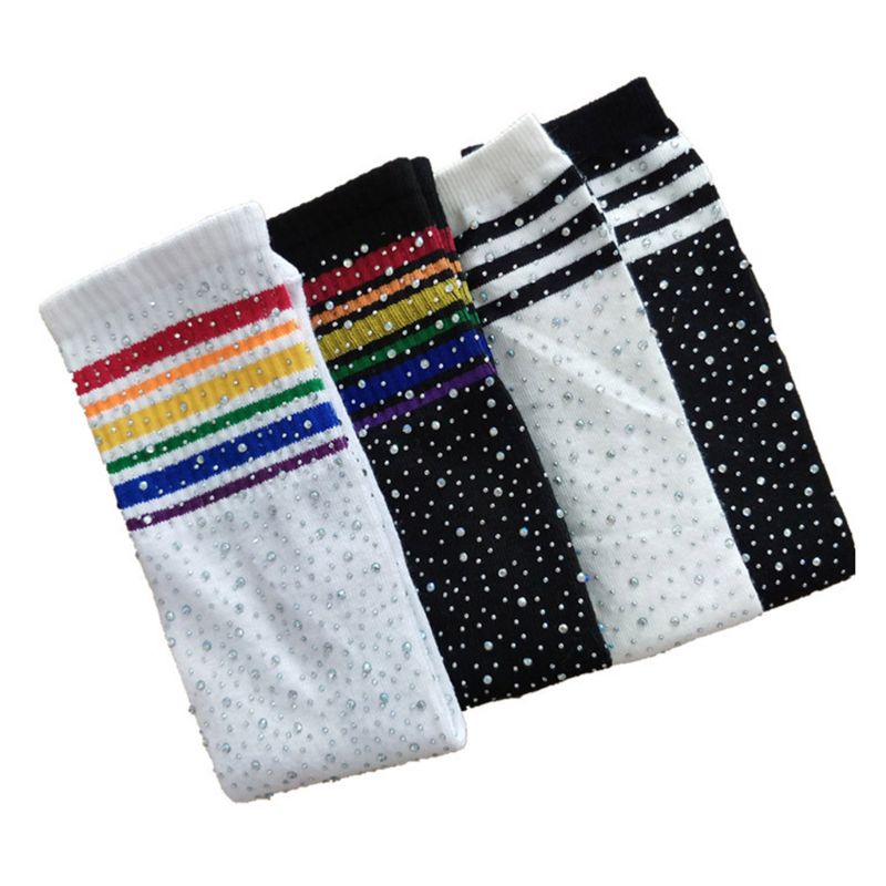 Fashion Children Knee High Socks Colorful Striped Rhinestone Girls Stockings