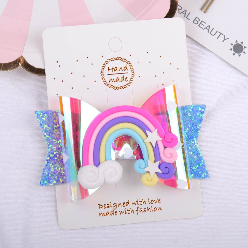 3.5'' Glitter Rainbow Cartoon Baby Girl Glitter Hair Bow Kids Hairpins Hair Clip For Children Hair Accessories Toddler