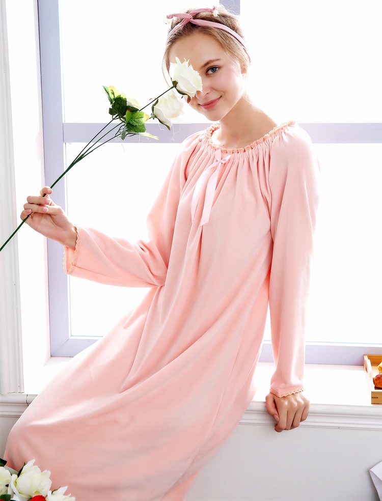 Autumn Winter Girl Lovely Sweet Bathrobe Super Soft Velvet Single Side Suede Long Korean Palace Princess Sleepwear Nightdress
