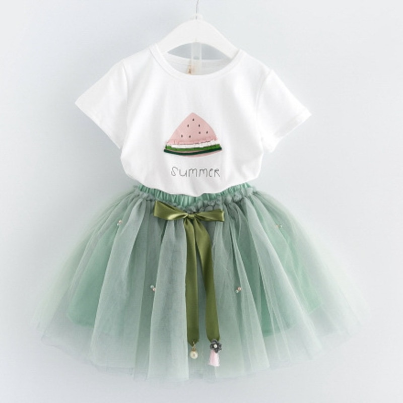 Summer Girls Skirt Set Cartoon Watermelon Short-sleeved T-shirt Skirt 2 Piece Set Princess Poncho Dress