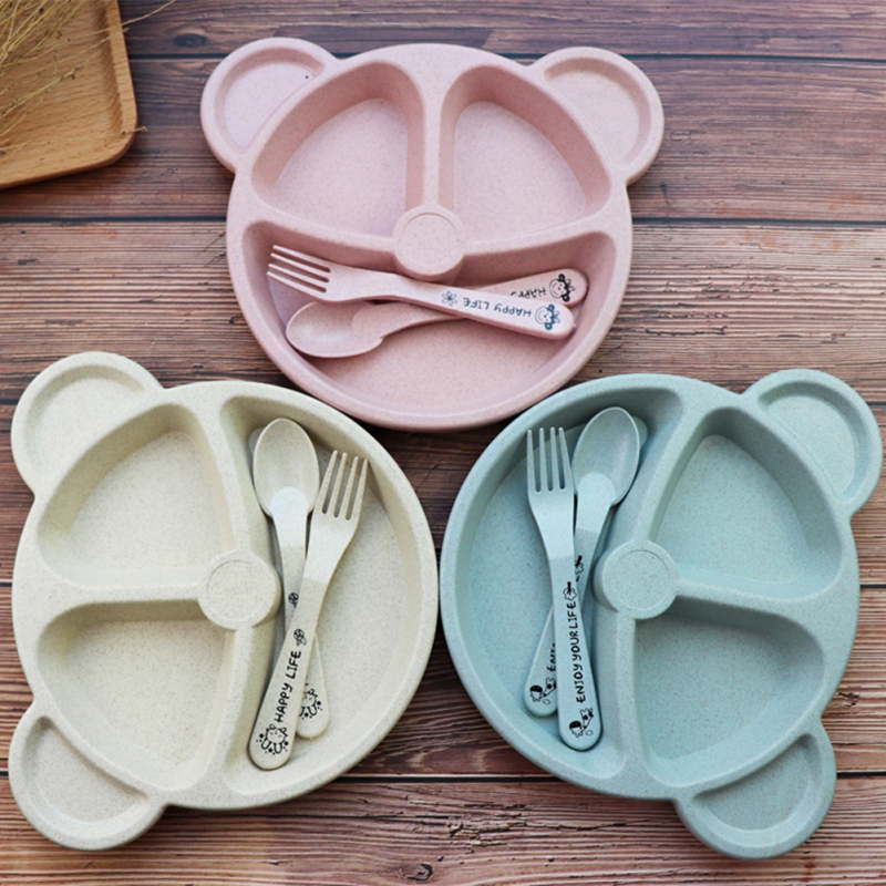 3Pcs/Set Baby Bowl+Spoon+Fork Feeding Food Tableware Cartoon Kids Dishes Eating Anti-hot Training Dinner Plate