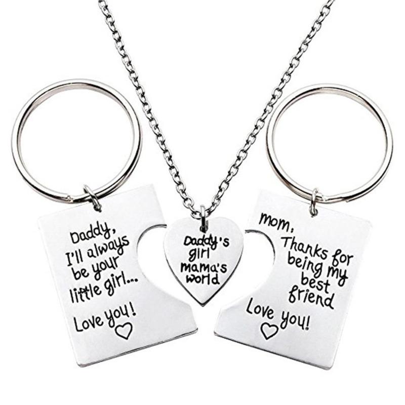 3pcs/Set Daddy Girl Mama World Letters Pendant Love Necklace Titanium Steel Mother Father Kids Simple Key Rings Jewelry Gifts