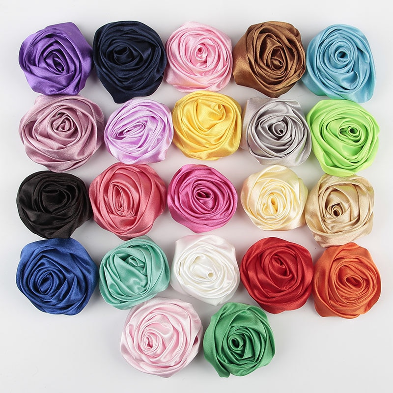 New 15pcs/lot 2" Rolled Satin Rose Flowers Artifcial DIY Fabric Flowers for Baby Girls Kids Headbands Clips Hair Accessorie