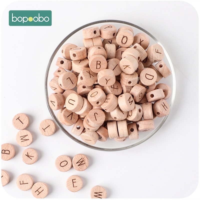 Bopoobo 20pc Wooden English Alphabet Beads Food Grade Material Letter Beads For DIY Baby Teething Rattle Baby Teething Beads