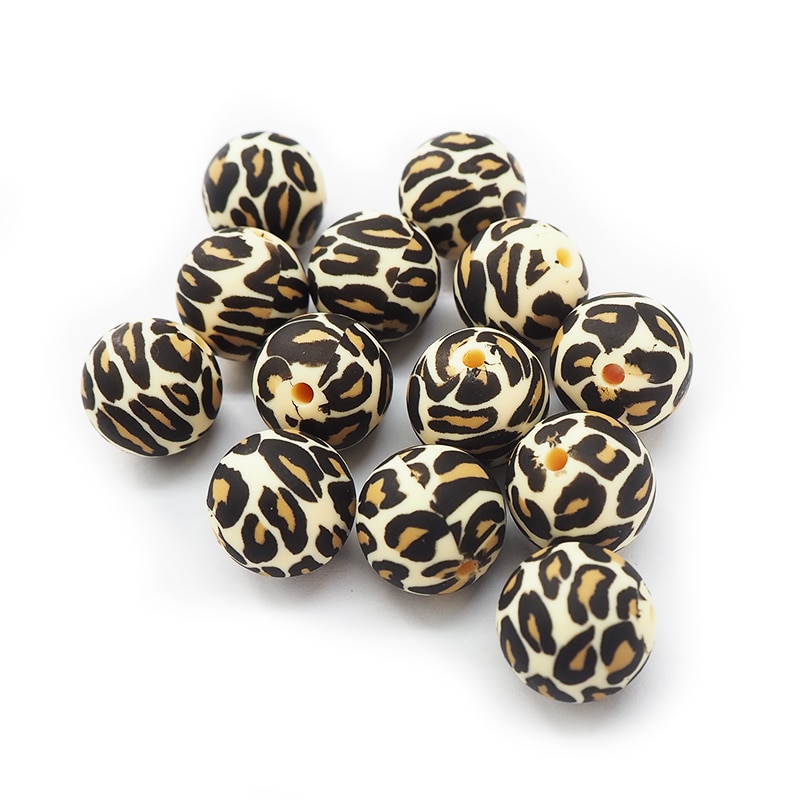 Chenkai 50PCS 15MM Silicone Leopard print Beads Baby Round Shaped Beads Teething BPA Free DIY Sensory Chewing Toy Accessories