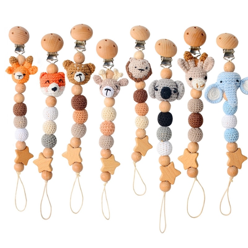 Baby Dummy Chain Pacifier Clip Bear/Deer/Fox/ Elephant/Lion/Koala Head Bead Dummy Clip Infant Teether Toy Dropshipping