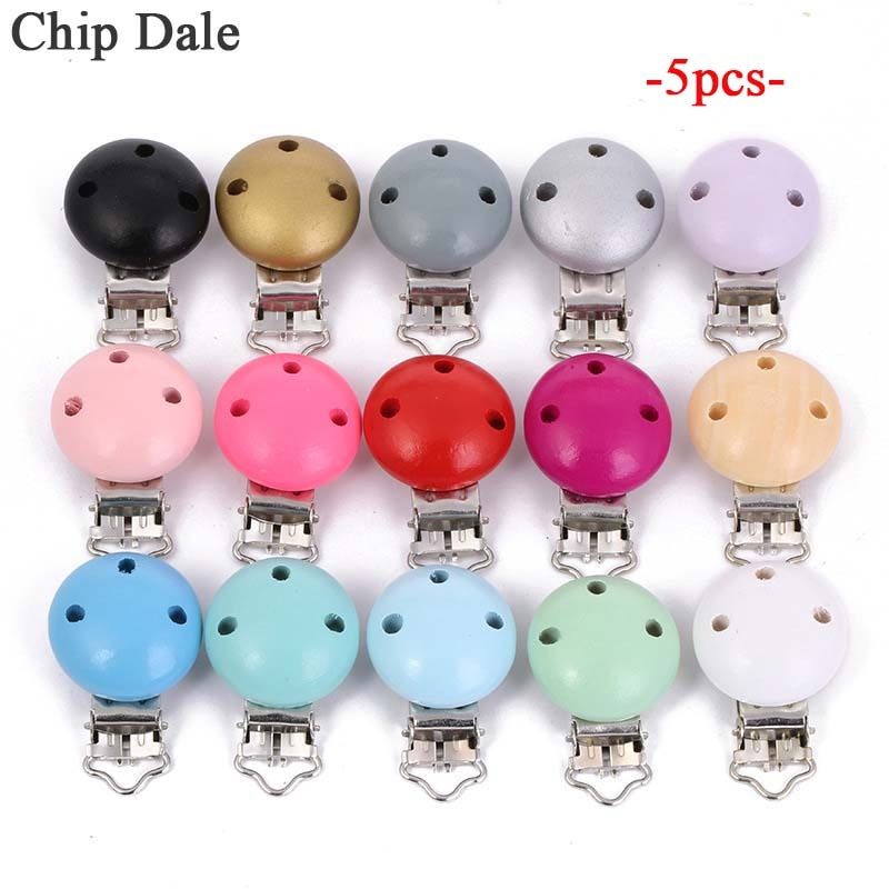 5Pcs Colorful Metal Wooden Baby Pacifier Clips Round Infant Soother Clasps Holders Accessories