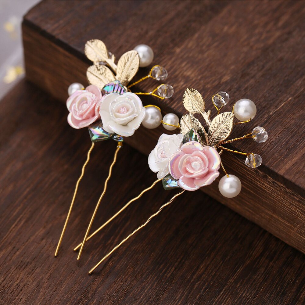 Children Girls Hairpin Crystal Ceramics Leaf Flower Hair Clips Ancient Style Hanfu Bride Hairpin Wedding Headdress