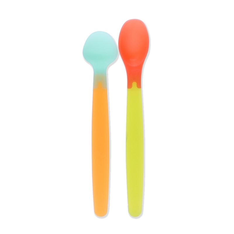 2Pcs/set Heat Discoloration Safety Baby Feeding Spoon Soft Silicone Flatware