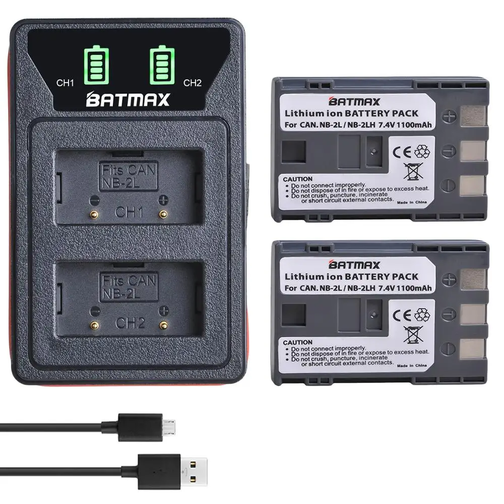 Batmax 1100mAh NB-2L NB-2LH Battery+New LED USB Dual Charger with Type C Port for Canon EOS 400D S80