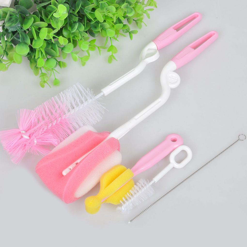 5pcs Baby Bottle Brush Cleaning Brush Set Rotary Sponge Nylon Brush For Children Handle Brush