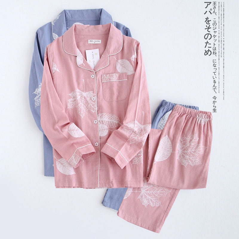 2022 kimono femme maple leaf pajama sets women 100% gauze cotton long sleeve casual sleepwear women pyjamas autumn hot sale
