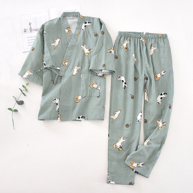 2022 new seven-sleeve Japanese-style kimono pajamas set female spring and autumn 100% cotton gauze home clothes cute sweet two-p