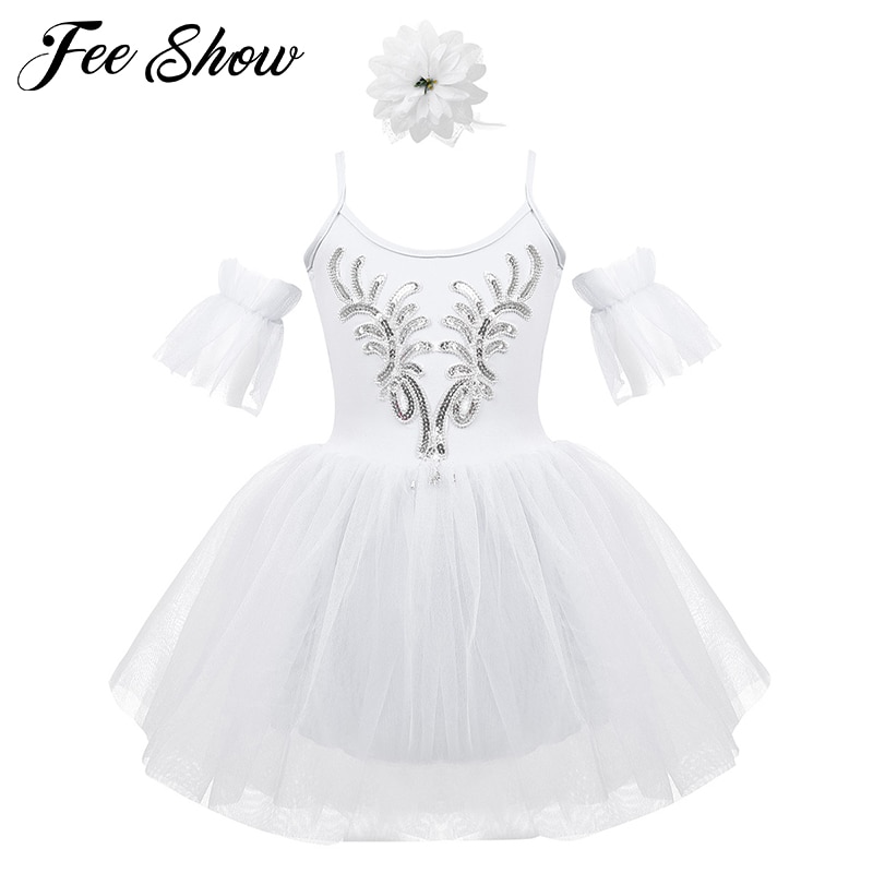 Kids Girls Dancewear Spaghetti Shoulder Straps Sequins Applique Ballet Dance Mesh Tutu Dress with Arm Sleeves Hair Clip Set