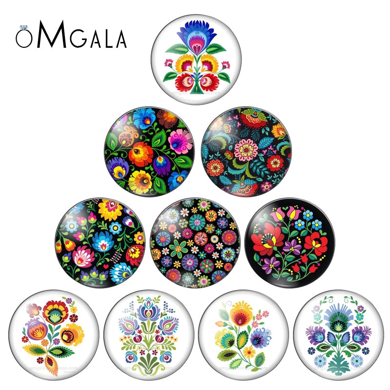 OMGALA Polish Folk Art Patterns Classical Flower Print 12mm/14mm/16mm/18mm/20mm/25mm Glass Cabochon Flat Back Making Findings