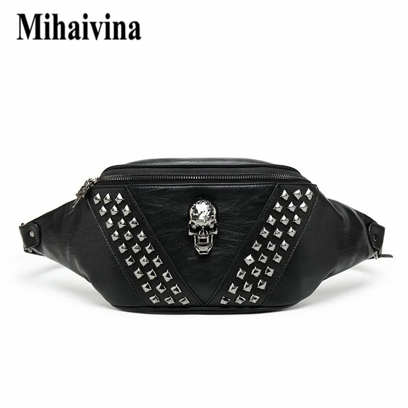 Mihaivina Punk Rivet Skull Men Waist Bag Women Black Fanny Pack Leather Chest Bags Female Shoulder