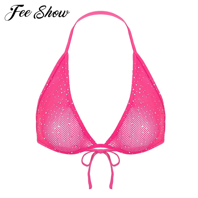 Womens Sparkle Rhinestones Halter Neck Backless Hollow Out Fishnet Triangle Bra Tops Sheer Bralette Underwear Sexy Lingerie