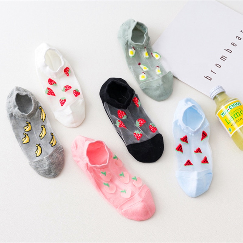 6 Pairs Funny Socks Women Casual Summer Transparent Harajuku Fruit Print Ankle Socks School Girls Breathable Invisible Socks