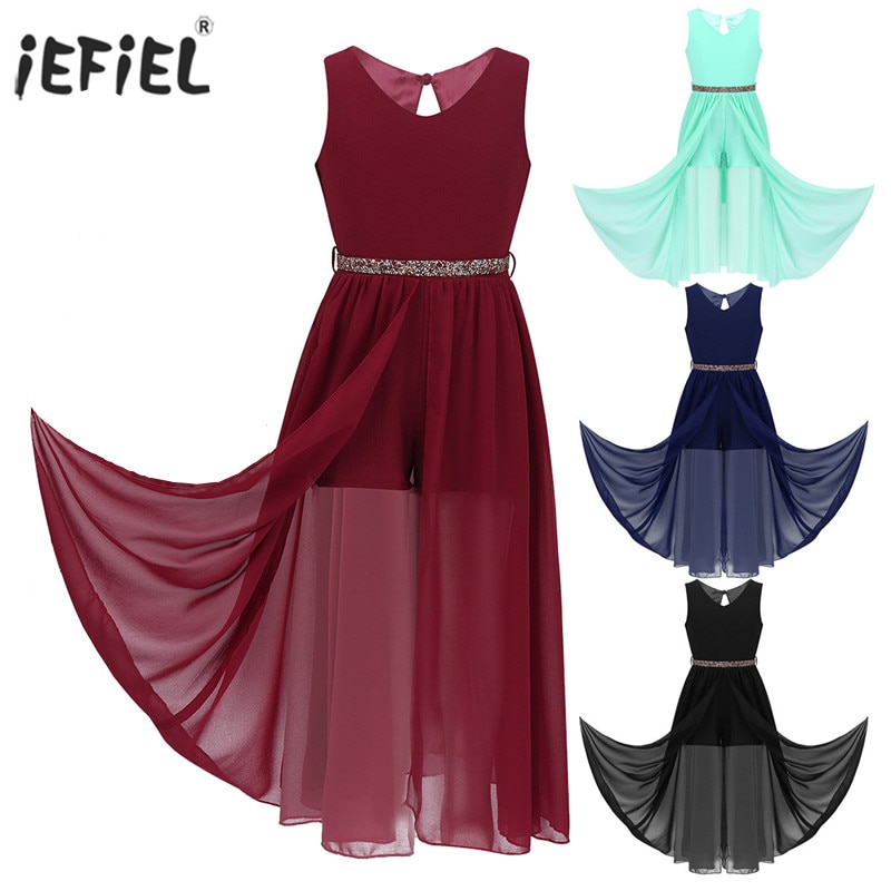 Kids Girls Elegant Romper Maxi Dress Fashion Sparkly Rhinestone Belt Sleeveless Wedding Birthday Party School Dance Dresses