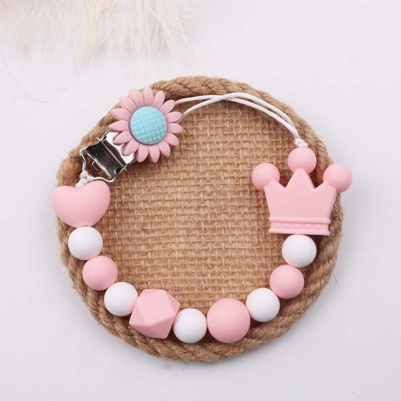 Handmade Flower Pacifier Clip Dummy Clip Holder Crown Silicone Beads Silicone Soother Chains Baby Teething Toy Baby Shower Gift
