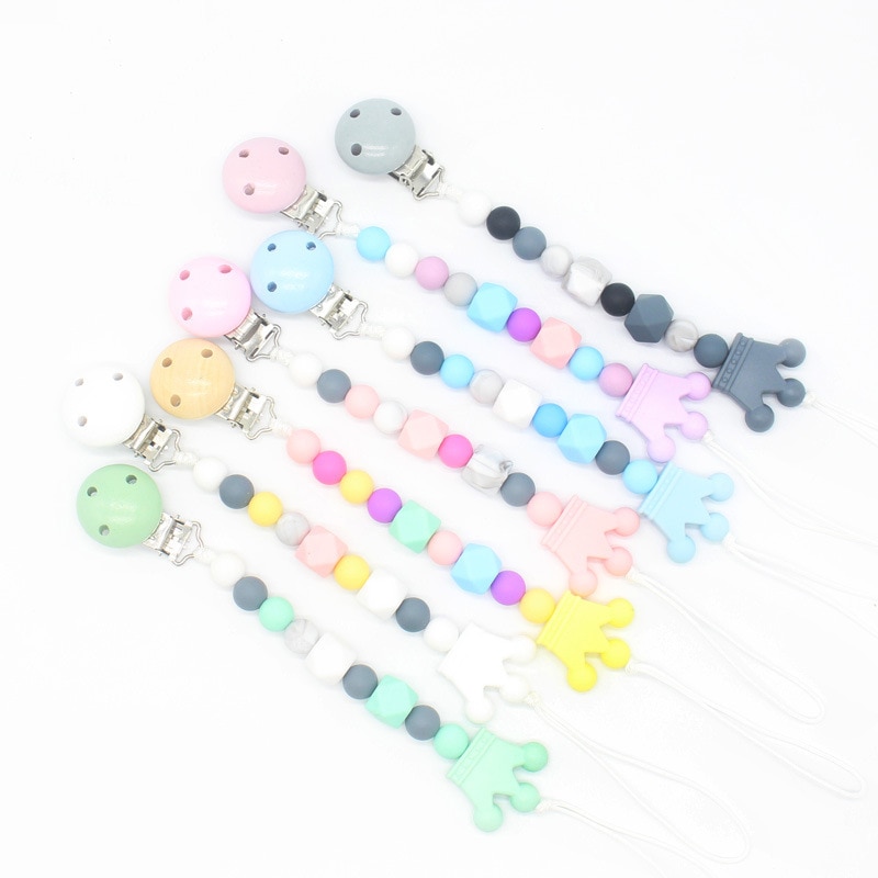 New Hot 1PC Pink Silicone Baby Pacifier Clips Crochet Beads Silicone Crown Pacifier Chain Holder Baby Shower Gift Silicone Beads