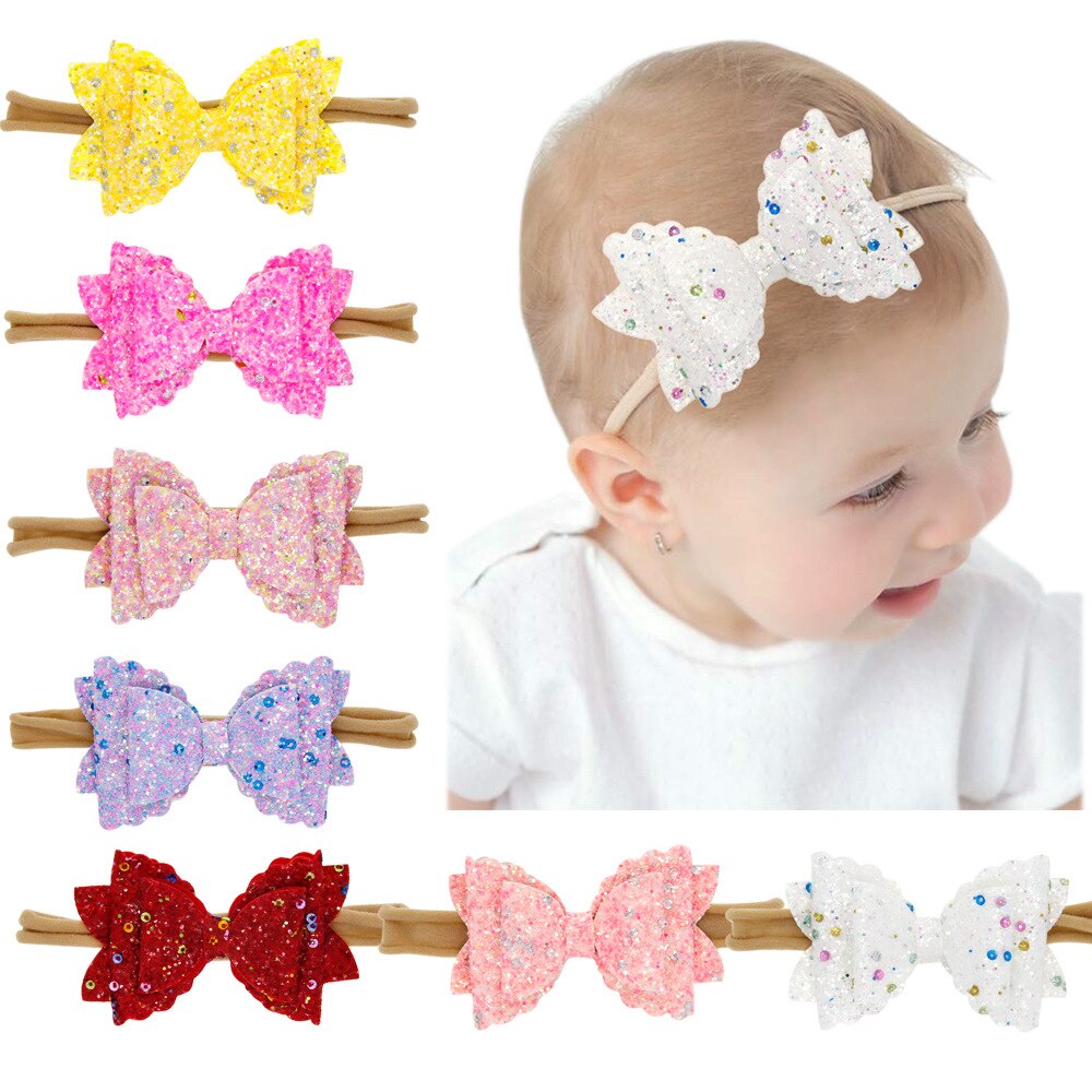 Yundfly Fashion Newborn Sequin Bowknot Nylon Hairband Baby Girls Bows Headband Hair Rope Baby Shower Gift