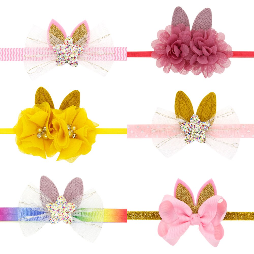 Cute 1PCS Rabbit Ear Baby Girls Headbands Kids Elastic Flower Bows Headwear Fashion Photography Props Children Hair Accessories