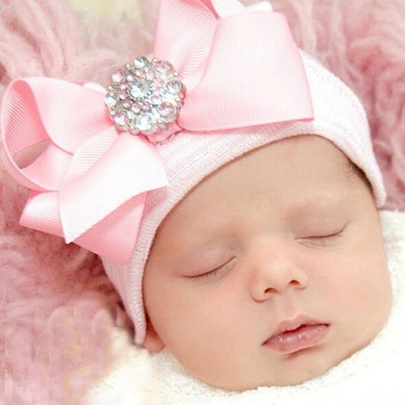 yuxic 0-3month Newborn Baby Hats Soft Knitted Cotton Infant Beanie with Bow and Stones Princess Baby Caps