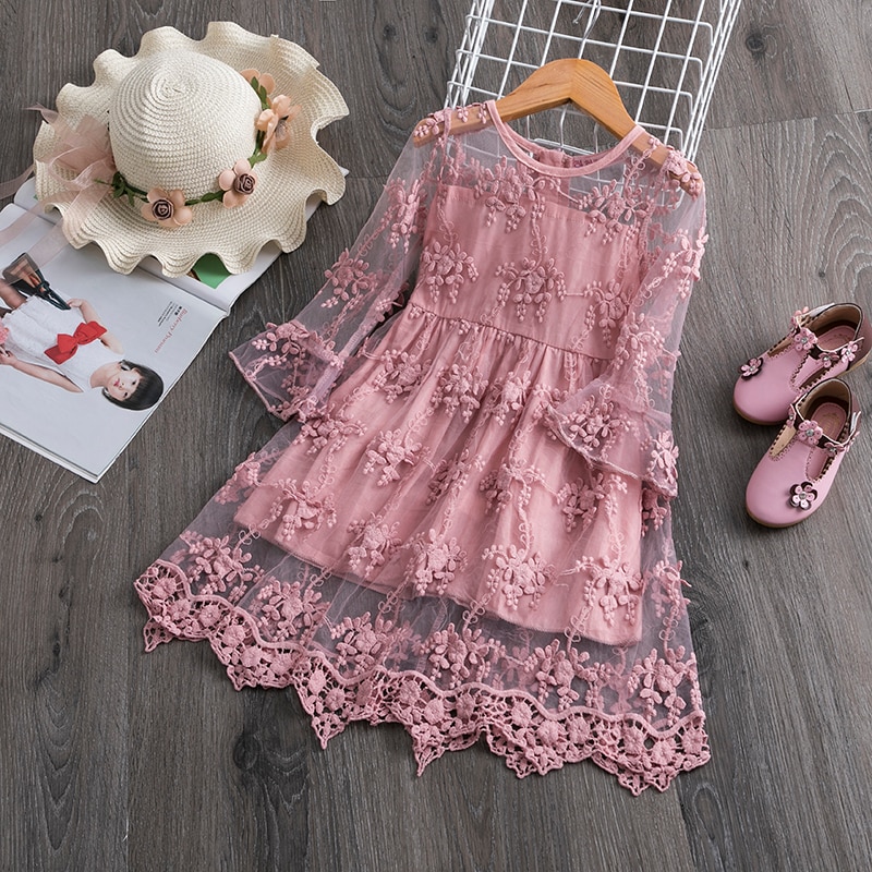 Spring Flare Half Sleeve Lace Girls Summer Dress Flower Appliques Formal Wedding Clothes for Kids Children 3-8Y Party Clothing