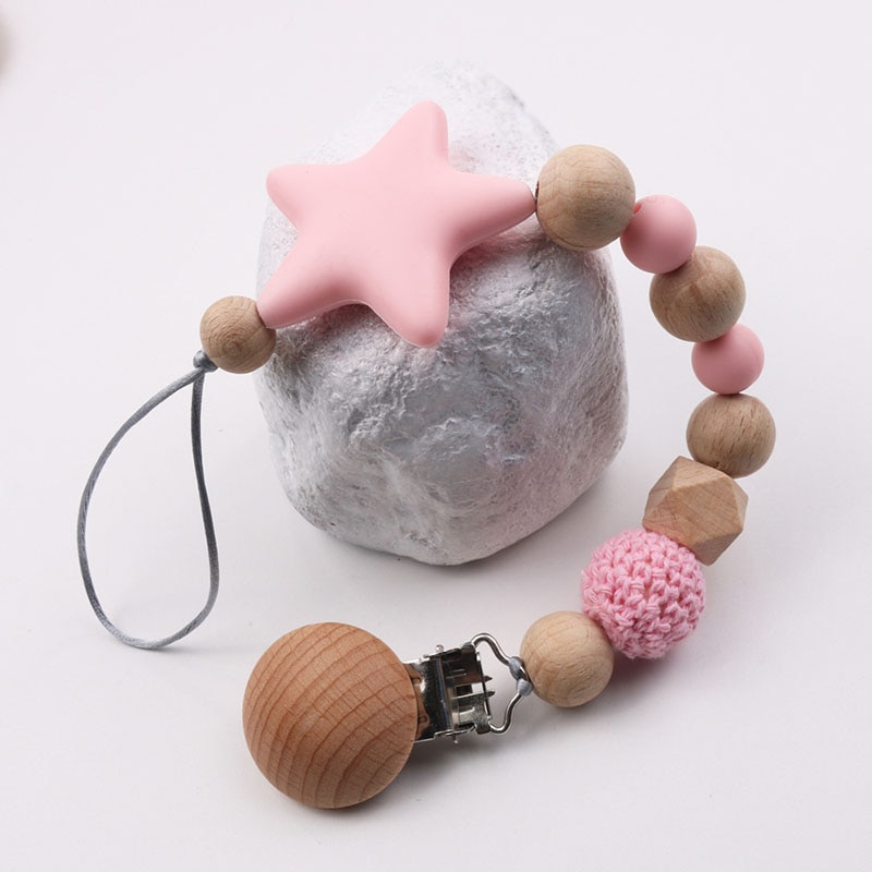 Wooden Holder Clip Chain Wood Beads Big Star Baby Girl Boy Teether Soother Pacifier Clips Leash Strap