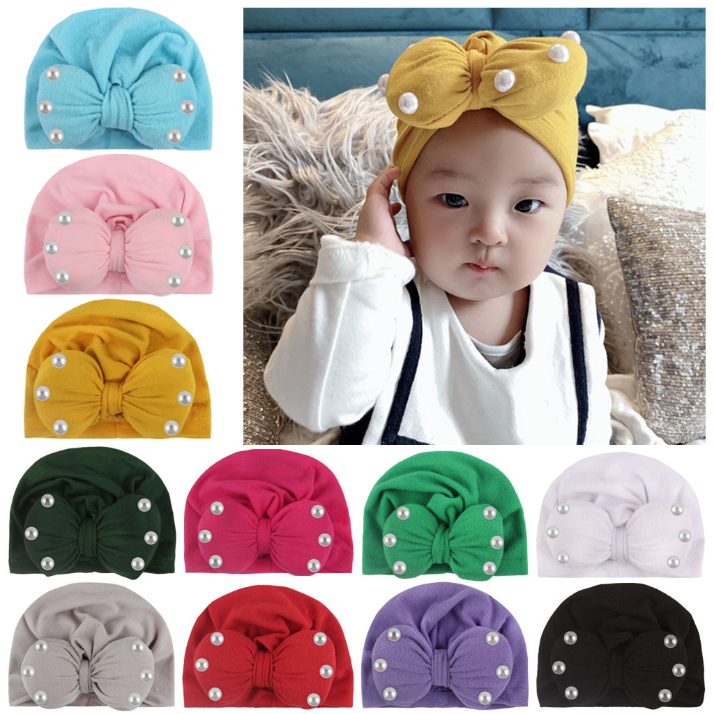 New 1PCS Warm Baby Hats Cute Boys Girls Bow Hats Knot Ear Bows with Pearl Bonnet Beanie Cap Infant Toddler Turban Headwear