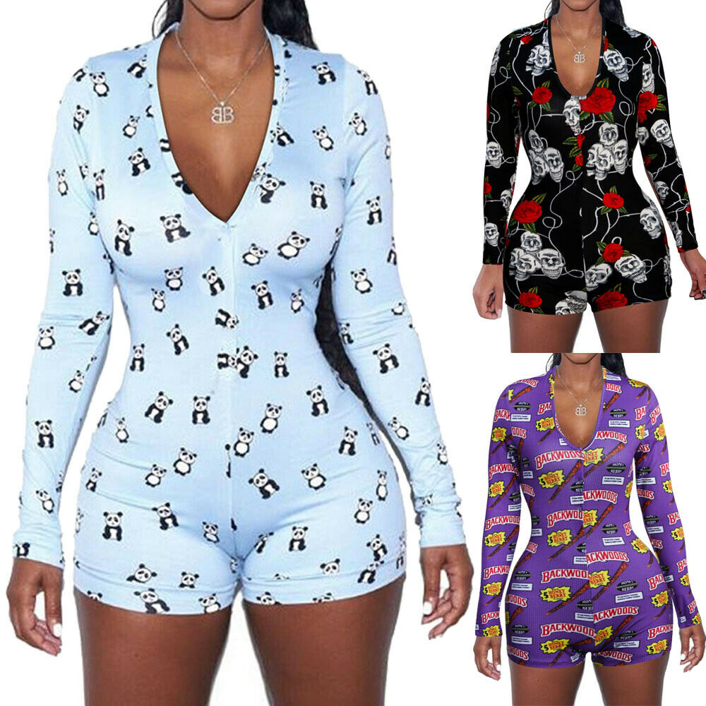 Sexy Women Onesie Underwear Bodysuit Long Sleeve Button Deep V Neck Bodycon Stretch Leotard Short Romper Pajamas Overalls